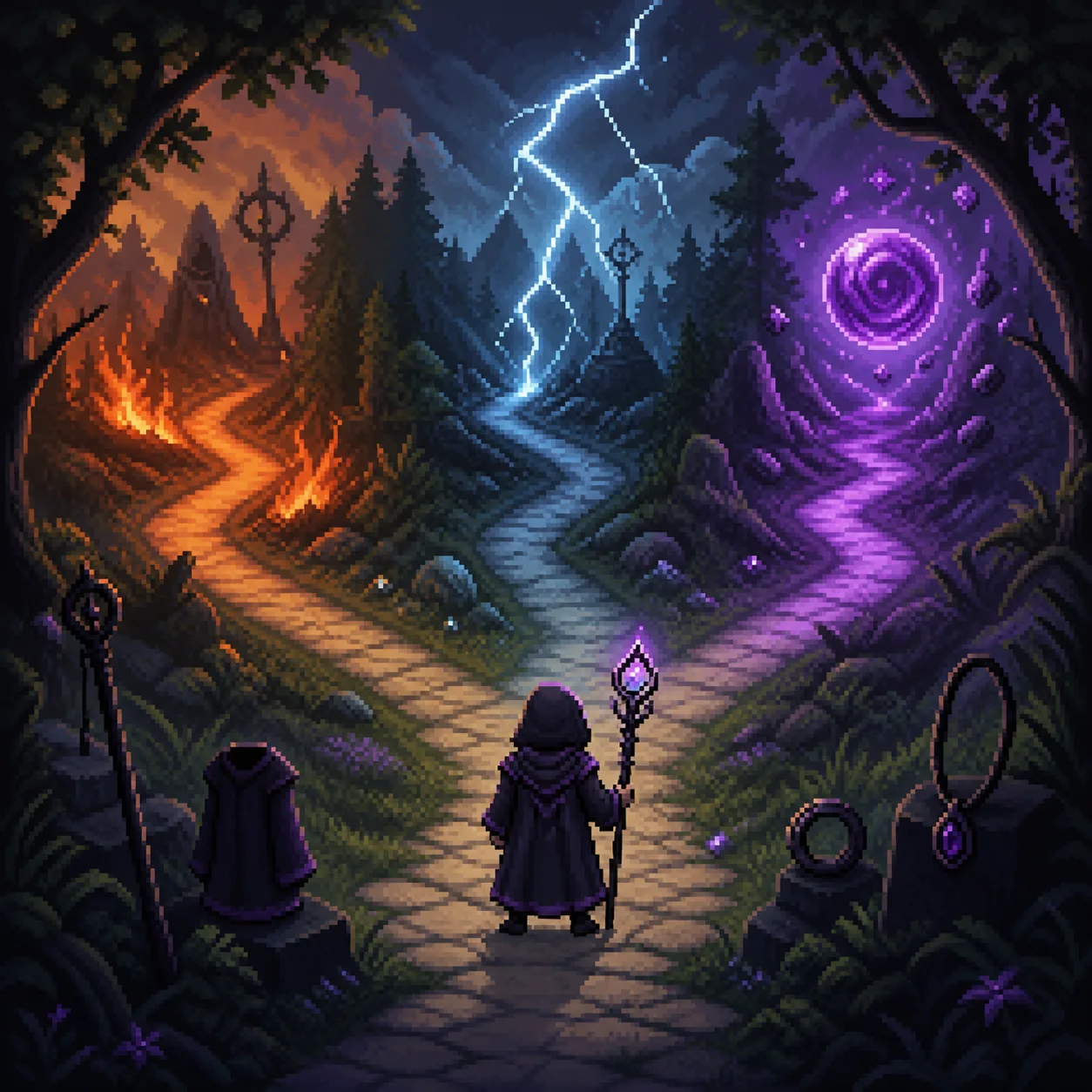 炎、雷、秘術の道から選ぶドット絵ソーサラーのコンセプトイラスト